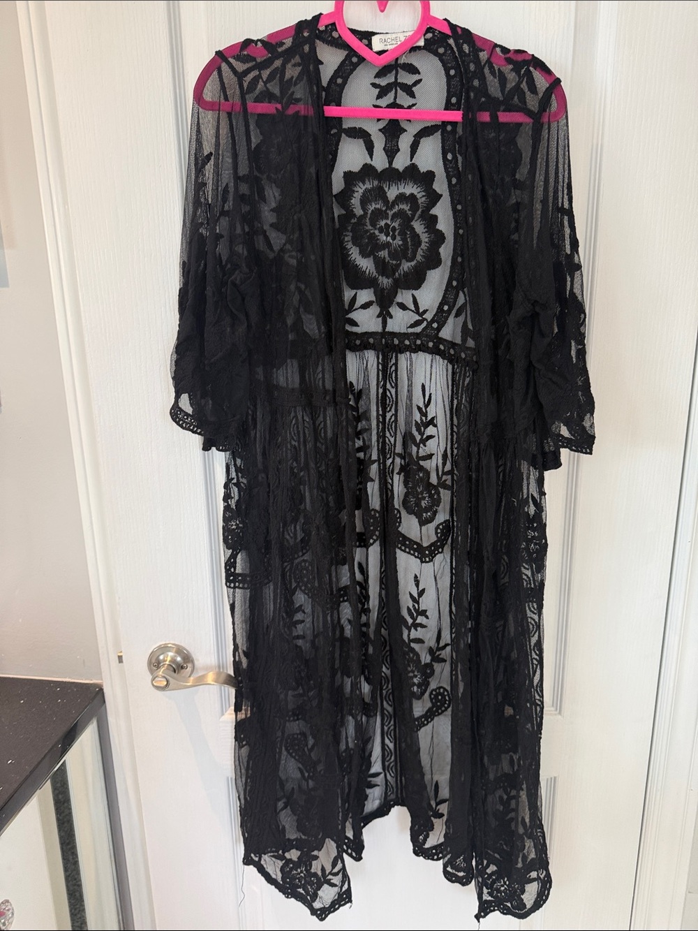 Rachel Zoe Black Sheer Floral Lace Kimono Robe